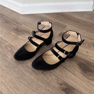 Black Suede Triple-Strap Ankle Heel - Women's Fashion Shoe